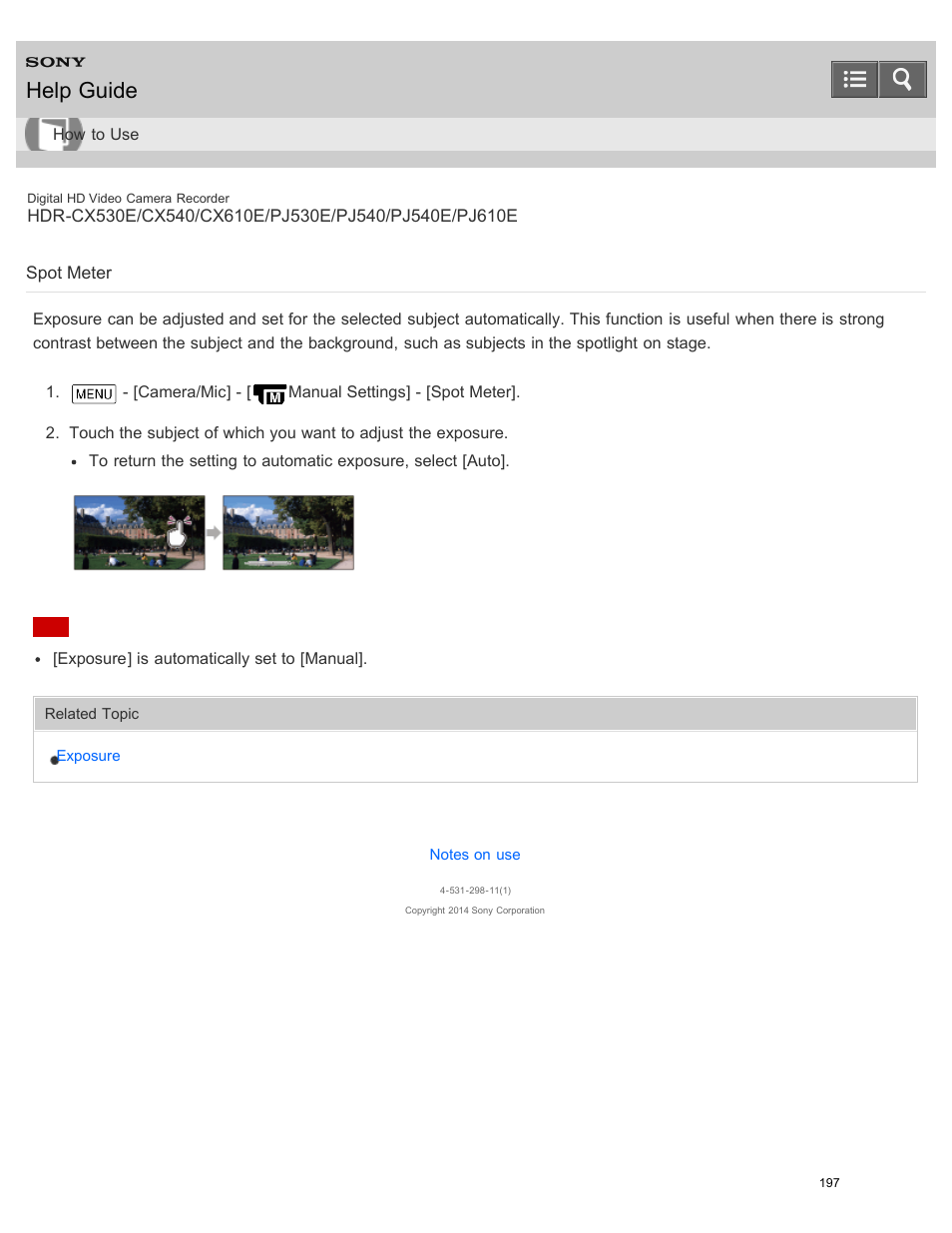 Spot meter, Help guide | Sony HDR-PJ540 User Manual | Page 208 / 394