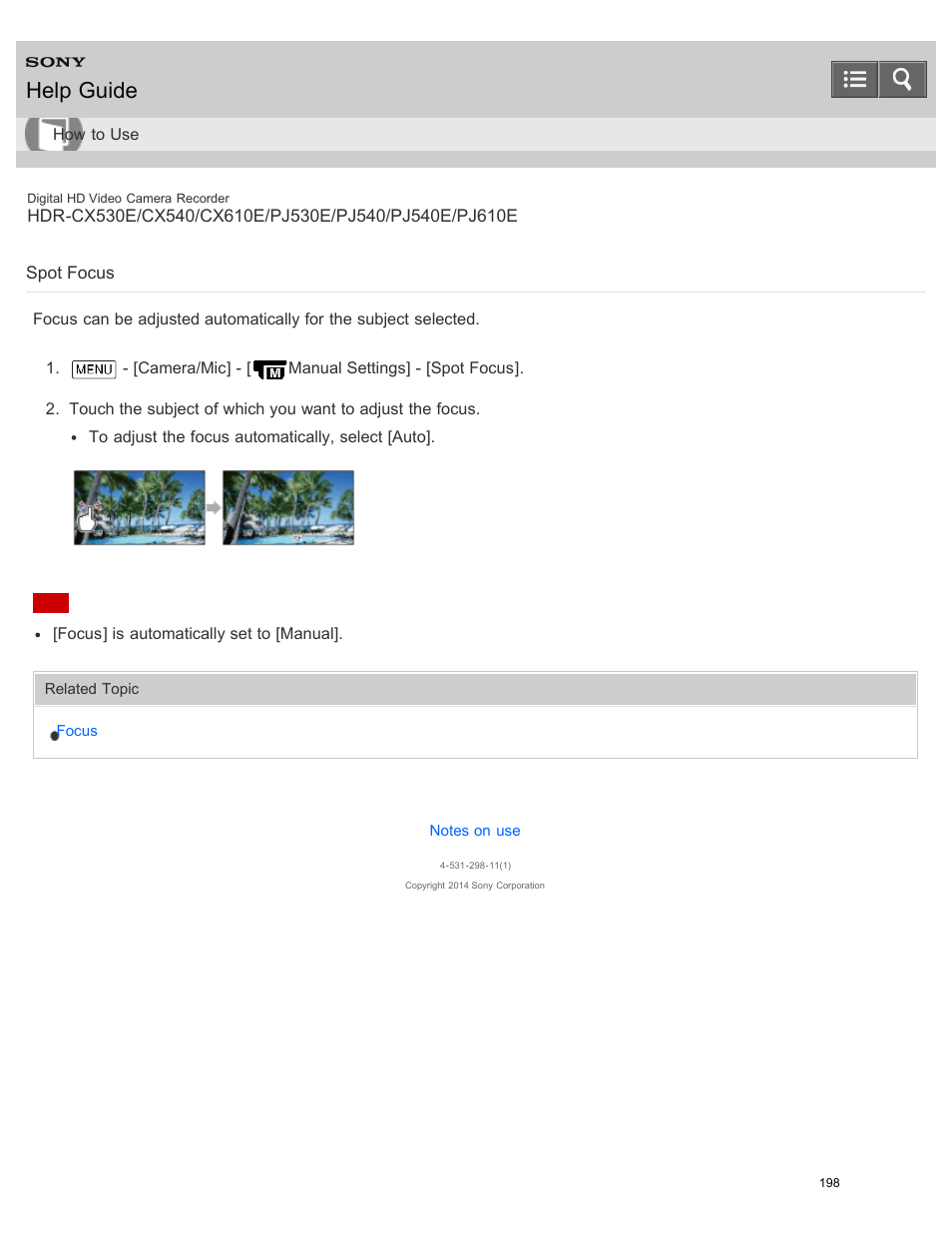 Spot focus, Help guide | Sony HDR-PJ540 User Manual | Page 209 / 394
