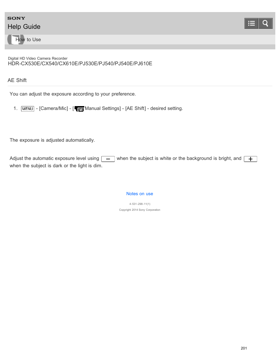 Ae shift, Help guide | Sony HDR-PJ540 User Manual | Page 212 / 394