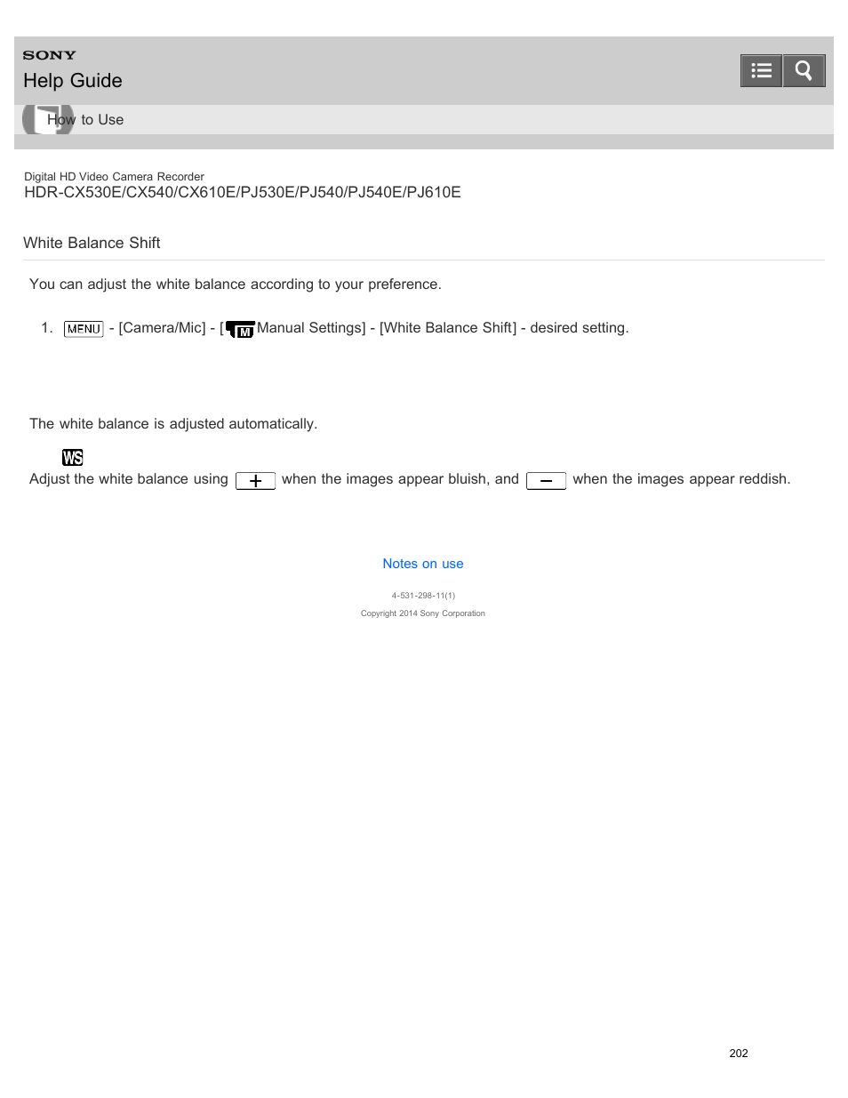White balance shift, Help guide | Sony HDR-PJ540 User Manual | Page 213 / 394