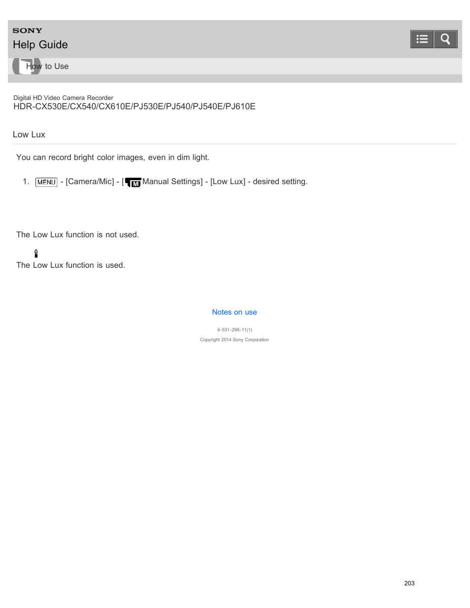 Low lux, Help guide | Sony HDR-PJ540 User Manual | Page 214 / 394