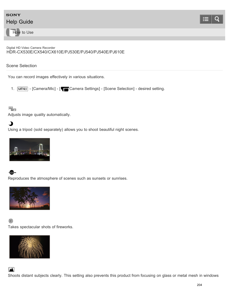 Scene selection, Help guide | Sony HDR-PJ540 User Manual | Page 215 / 394