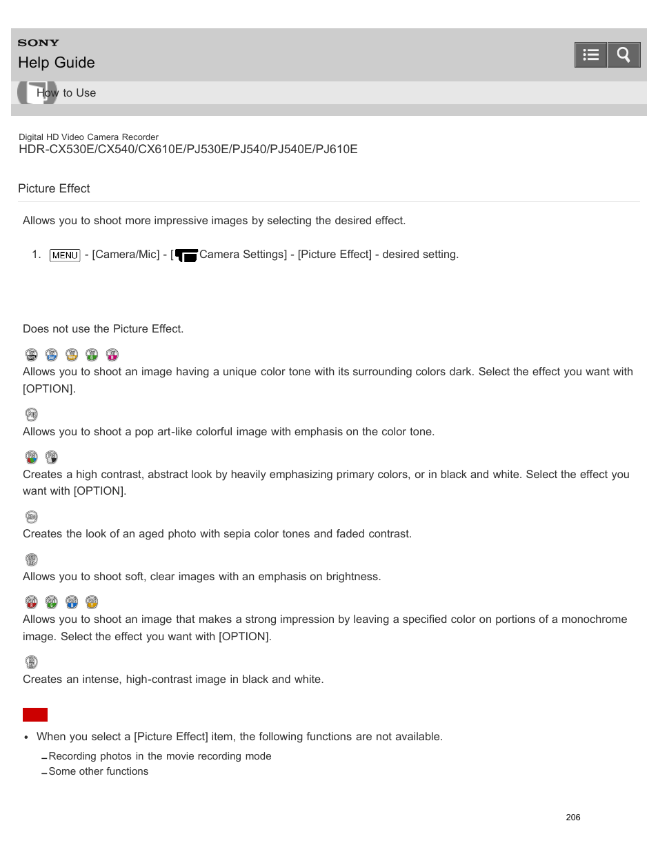 Picture effect, Help guide | Sony HDR-PJ540 User Manual | Page 217 / 394