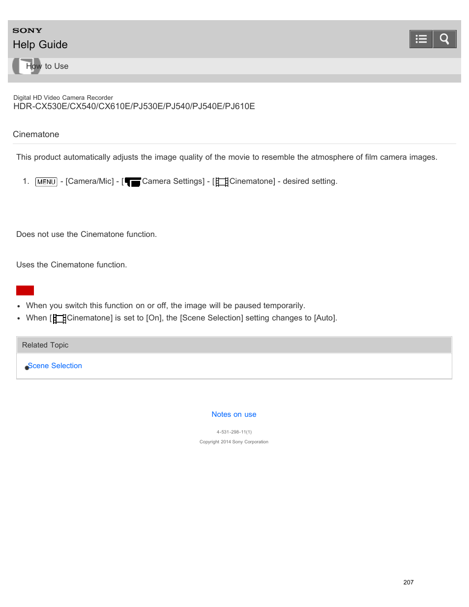 Cinematone, Help guide | Sony HDR-PJ540 User Manual | Page 218 / 394