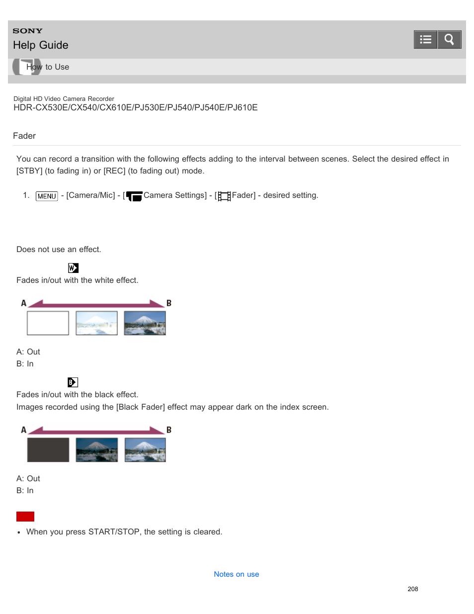 Fader, Help guide | Sony HDR-PJ540 User Manual | Page 219 / 394