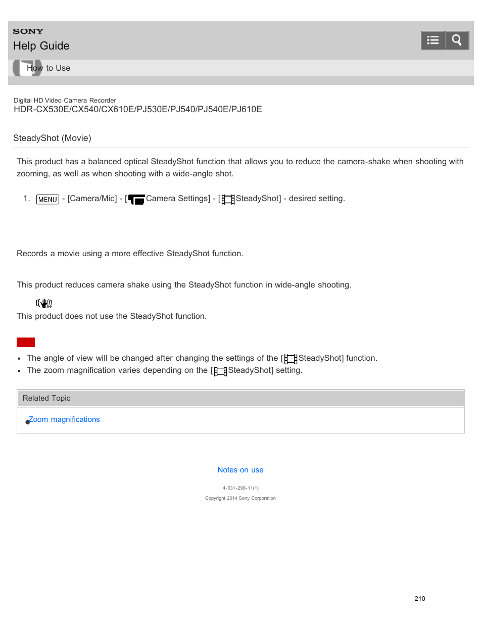 Steadyshot(movie), Steadyshot (movie), Help guide | Sony HDR-PJ540 User Manual | Page 221 / 394