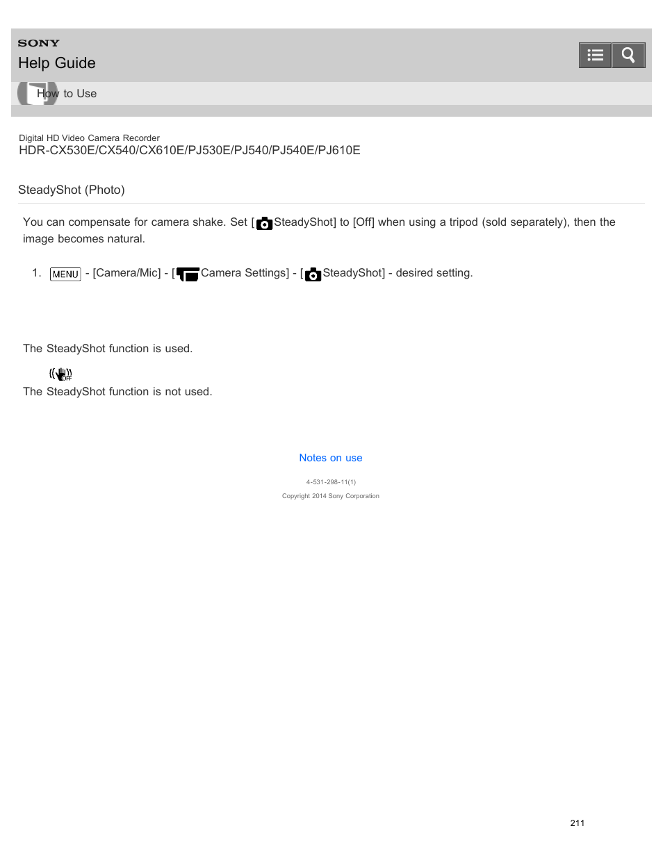 Steadyshot (photo), You can compensate for camera shake, Help guide | Sony HDR-PJ540 User Manual | Page 222 / 394