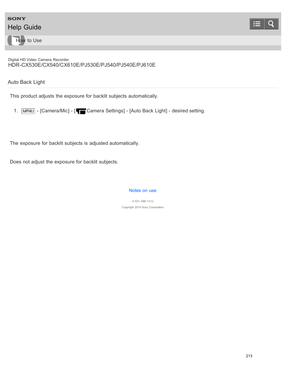 Auto back light, Help guide | Sony HDR-PJ540 User Manual | Page 224 / 394
