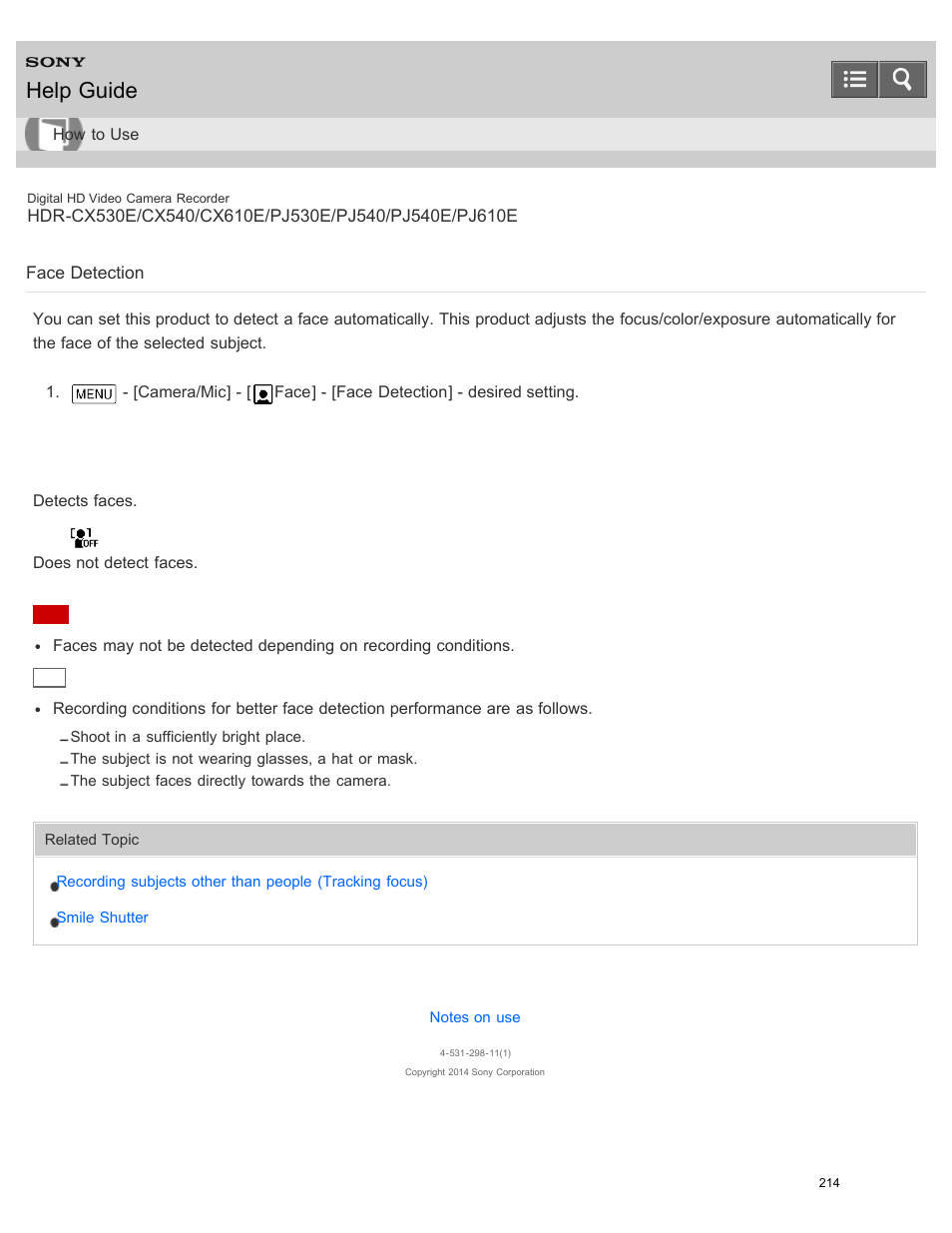 Face detection, Help guide | Sony HDR-PJ540 User Manual | Page 225 / 394
