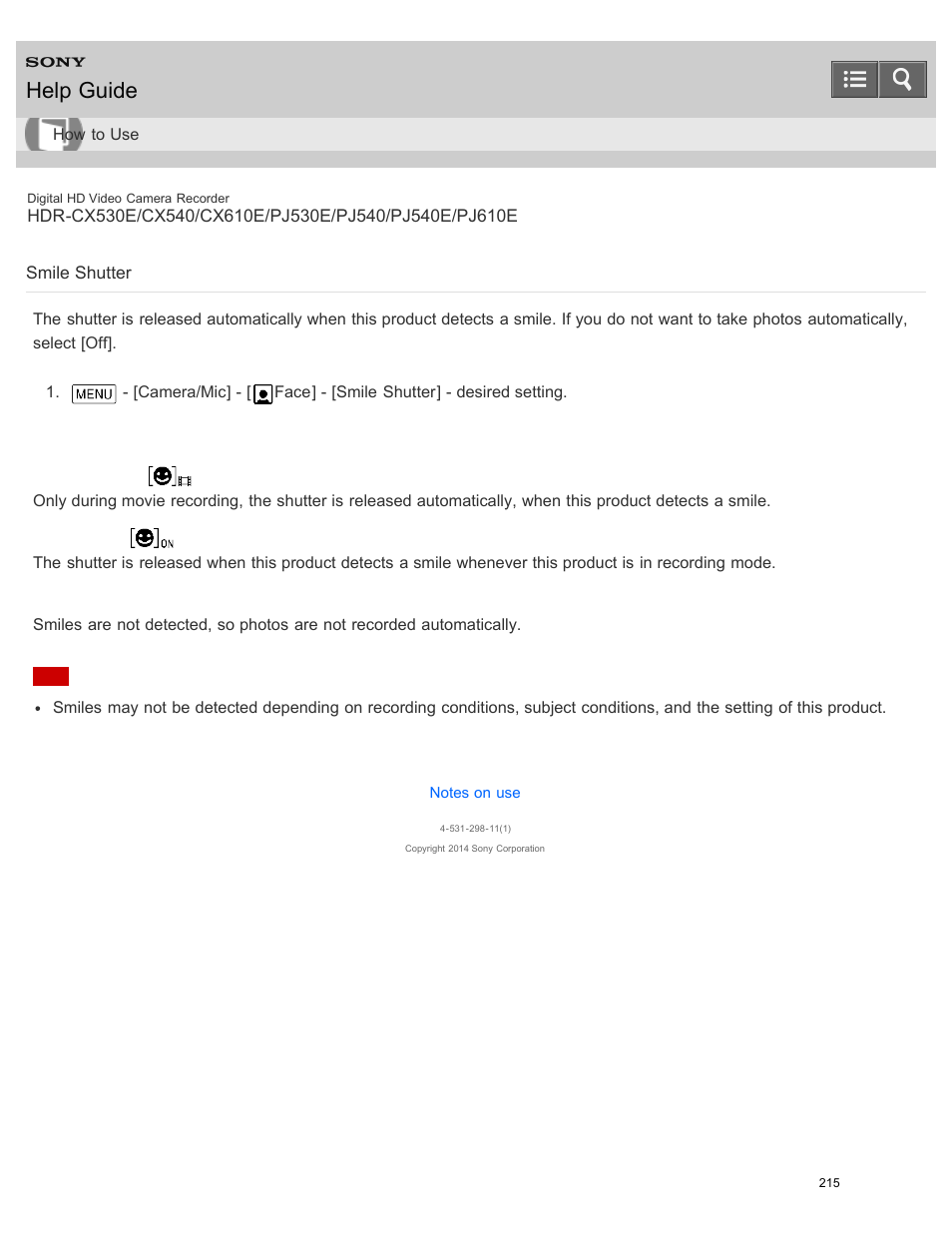 Smile shutter, Help guide | Sony HDR-PJ540 User Manual | Page 226 / 394