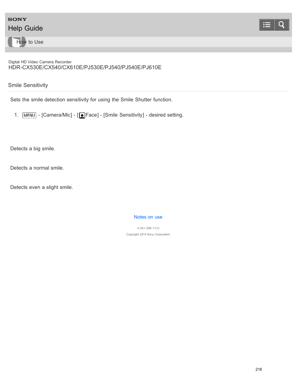 Smile sensitivity, Help guide | Sony HDR-PJ540 User Manual | Page 227 / 394