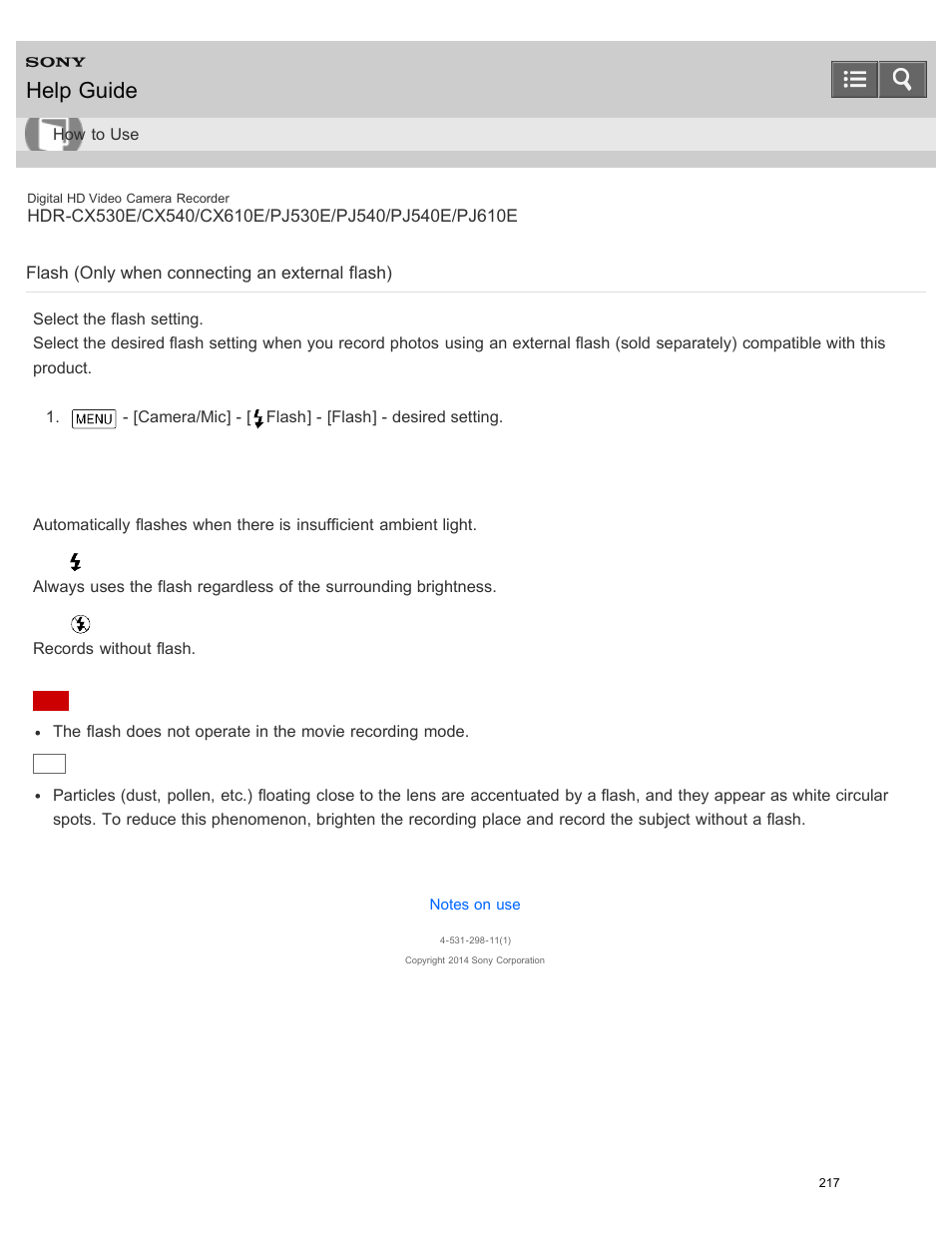 Flash (only when connecting an external flash), Select the desired flash setting, Help guide | Sony HDR-PJ540 User Manual | Page 228 / 394