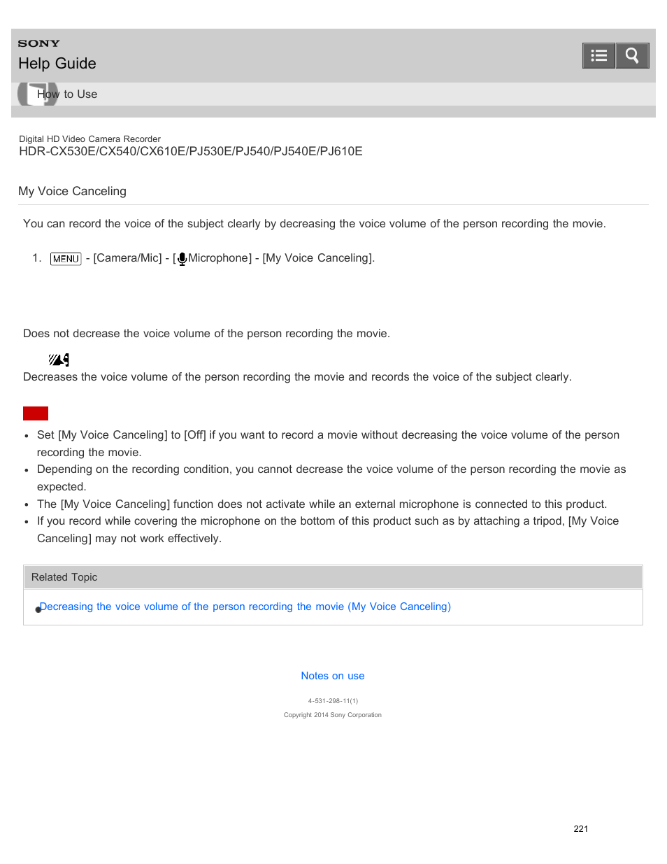 My voice canceling, Help guide | Sony HDR-PJ540 User Manual | Page 232 / 394