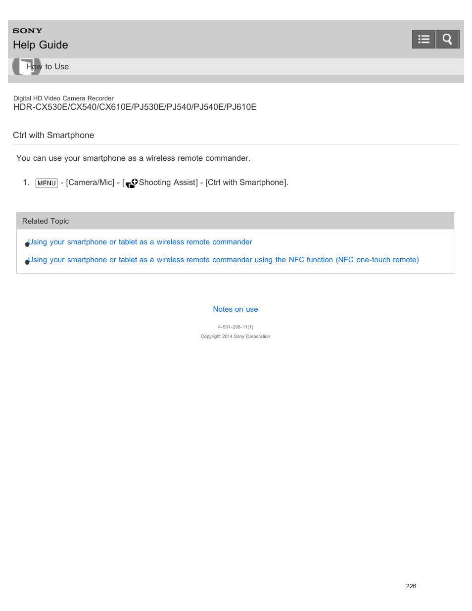 Ctrl with smartphone, Help guide | Sony HDR-PJ540 User Manual | Page 237 / 394