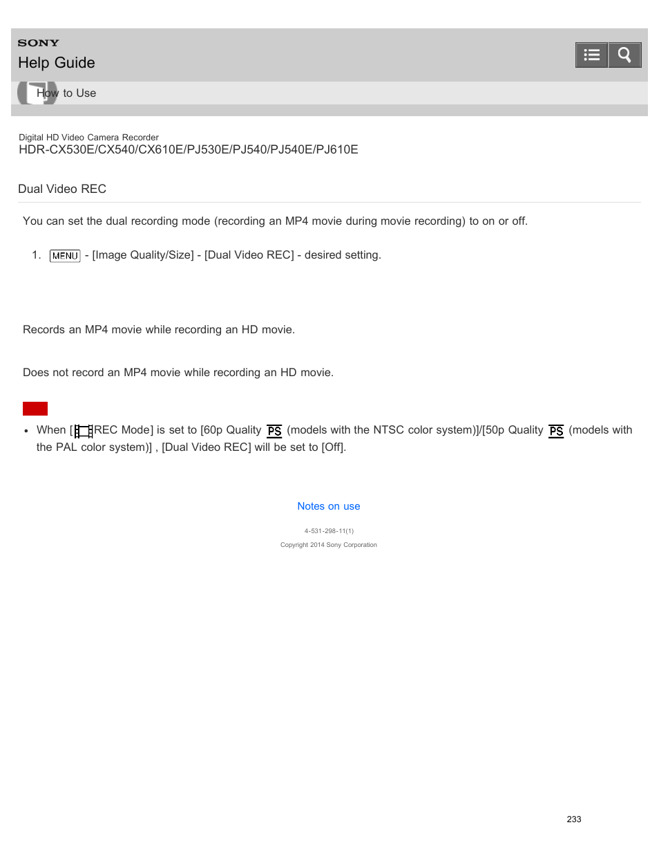 Dual video rec, Help guide | Sony HDR-PJ540 User Manual | Page 244 / 394