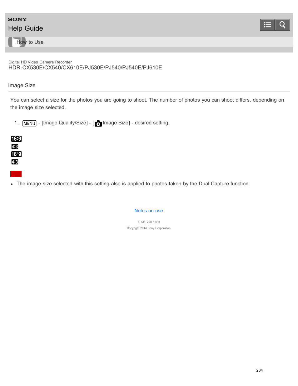 Image size, Help guide | Sony HDR-PJ540 User Manual | Page 245 / 394