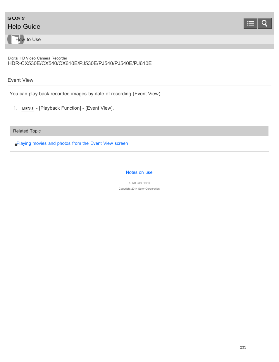 Event view, Help guide | Sony HDR-PJ540 User Manual | Page 246 / 394