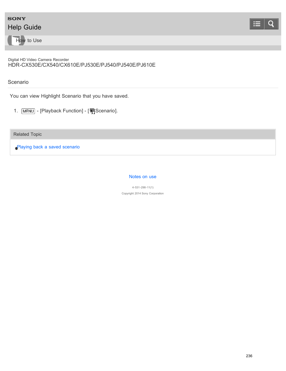 Scenario, Help guide | Sony HDR-PJ540 User Manual | Page 247 / 394