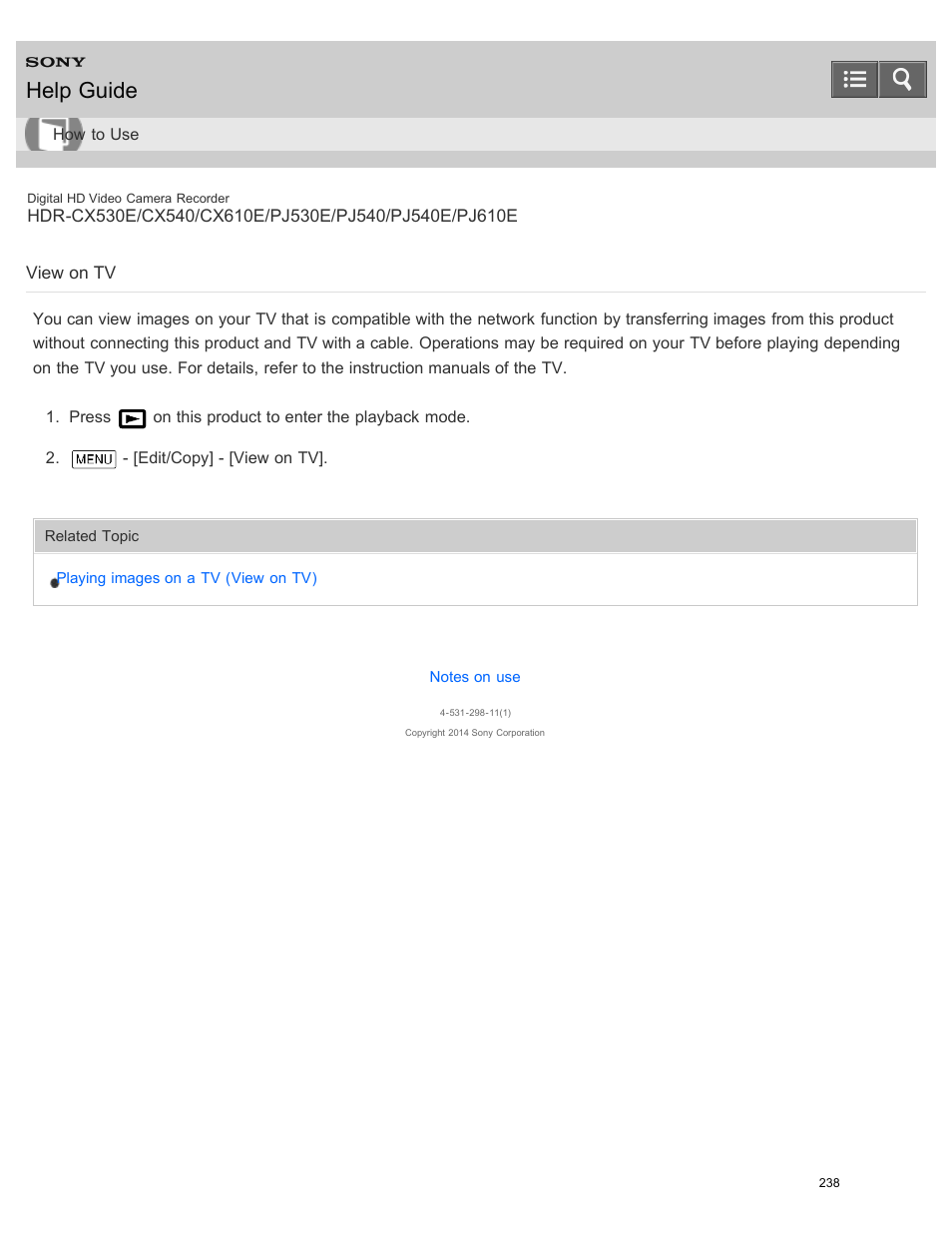 View on tv, Help guide | Sony HDR-PJ540 User Manual | Page 249 / 394