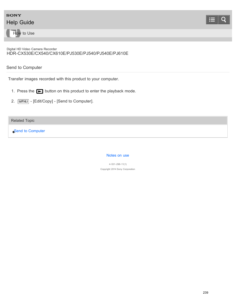 Send to computer, Help guide | Sony HDR-PJ540 User Manual | Page 250 / 394