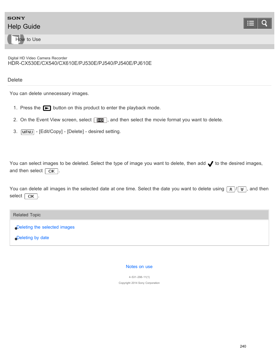 Delete, You can delete unnecessary images, Help guide | Sony HDR-PJ540 User Manual | Page 251 / 394