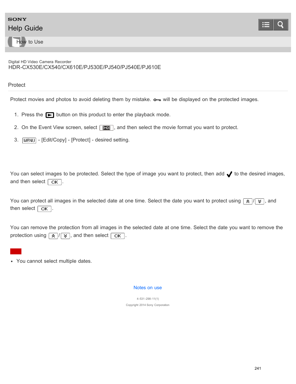 Protect, Help guide | Sony HDR-PJ540 User Manual | Page 252 / 394