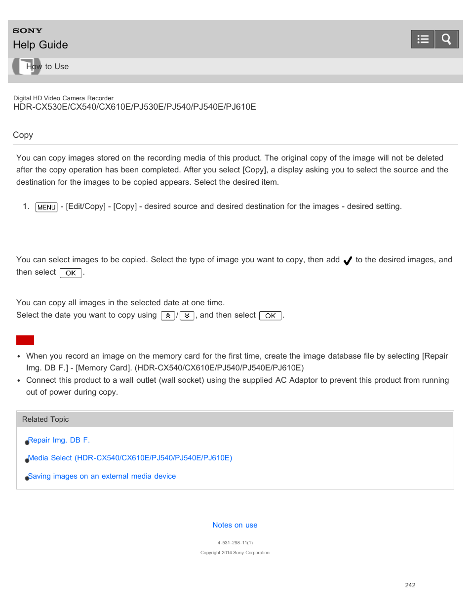 Copy, Help guide | Sony HDR-PJ540 User Manual | Page 253 / 394