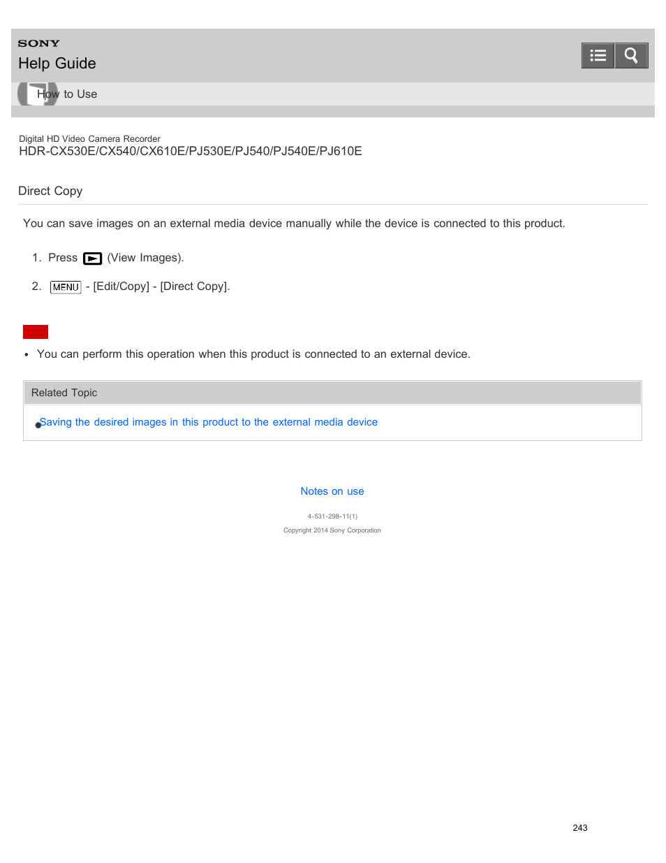 Direct copy, Help guide | Sony HDR-PJ540 User Manual | Page 254 / 394
