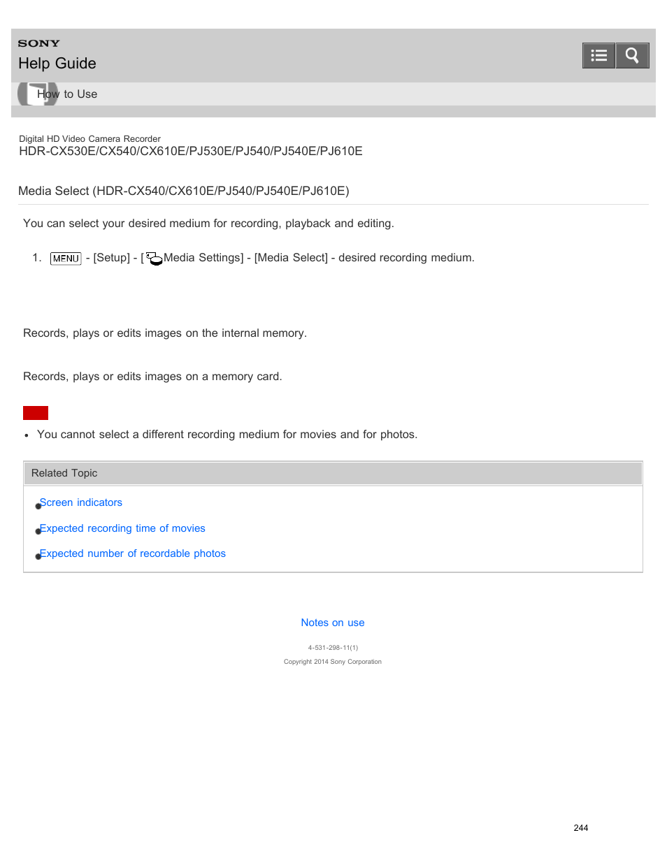 Media select, Help guide | Sony HDR-PJ540 User Manual | Page 255 / 394