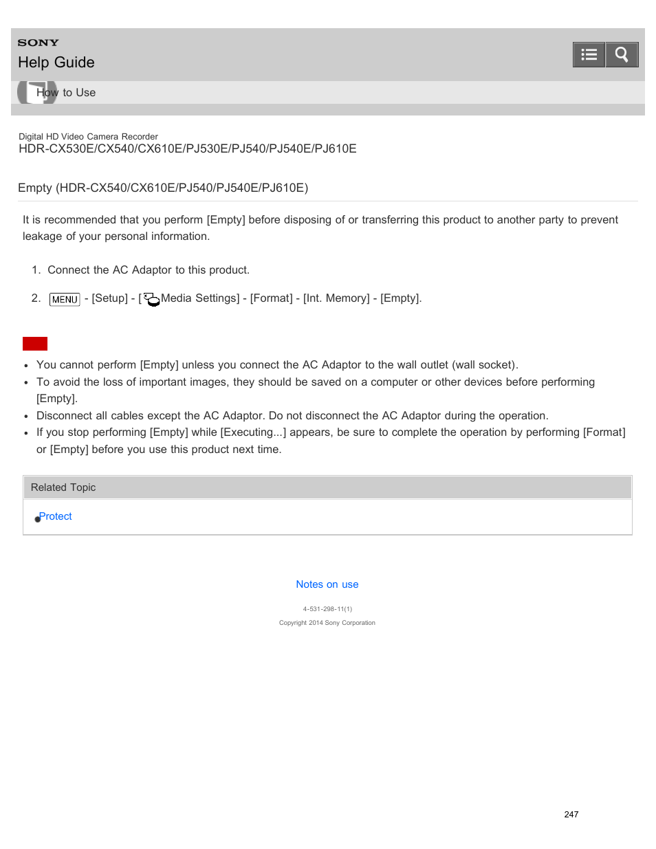 Empty, Empty (hdr-cx540/cx610e/pj540/pj540e/pj610e), Help guide | Sony HDR-PJ540 User Manual | Page 258 / 394