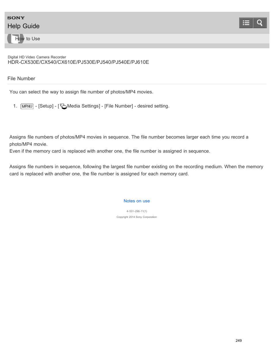 File number, Help guide | Sony HDR-PJ540 User Manual | Page 260 / 394