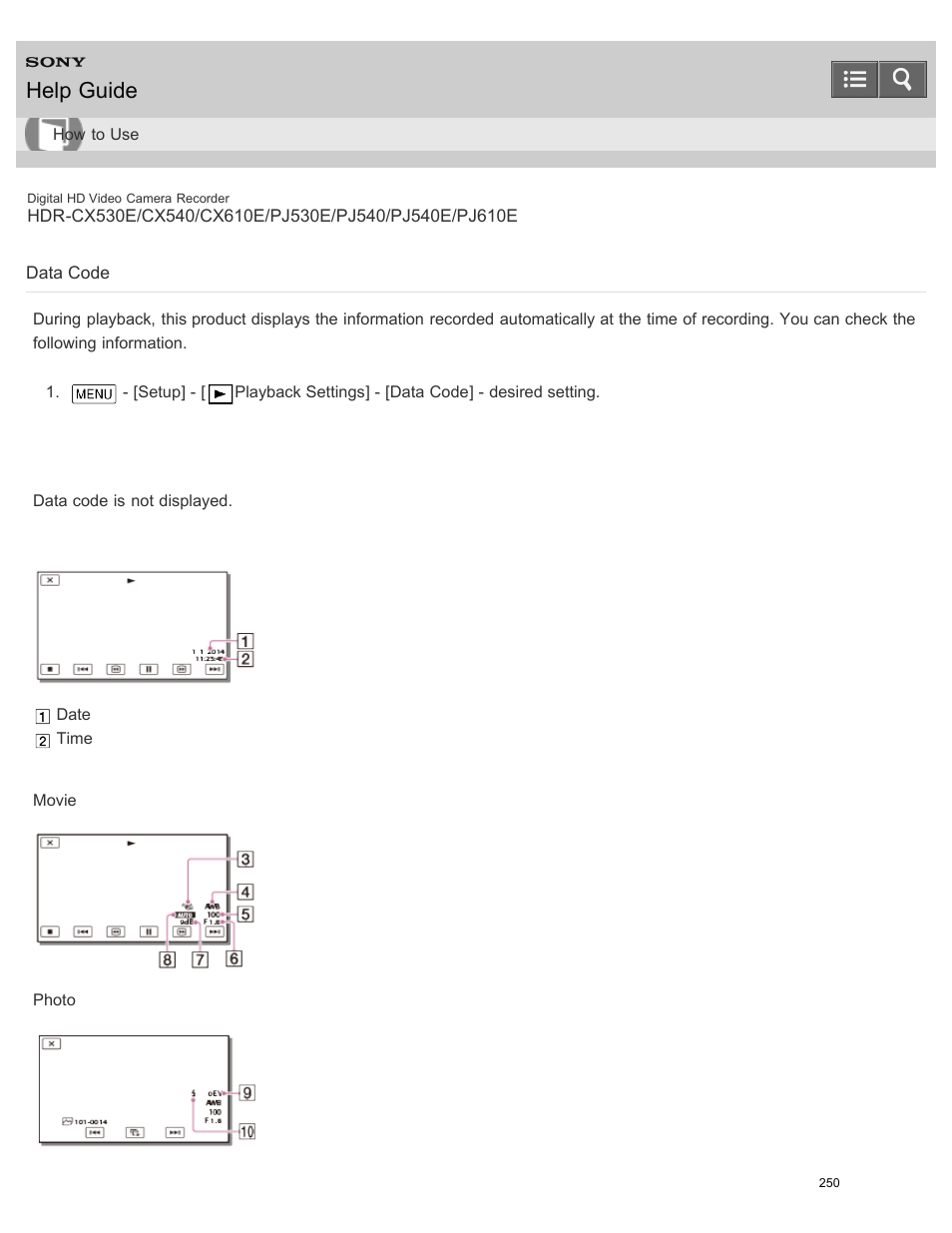 Data code, Help guide | Sony HDR-PJ540 User Manual | Page 261 / 394