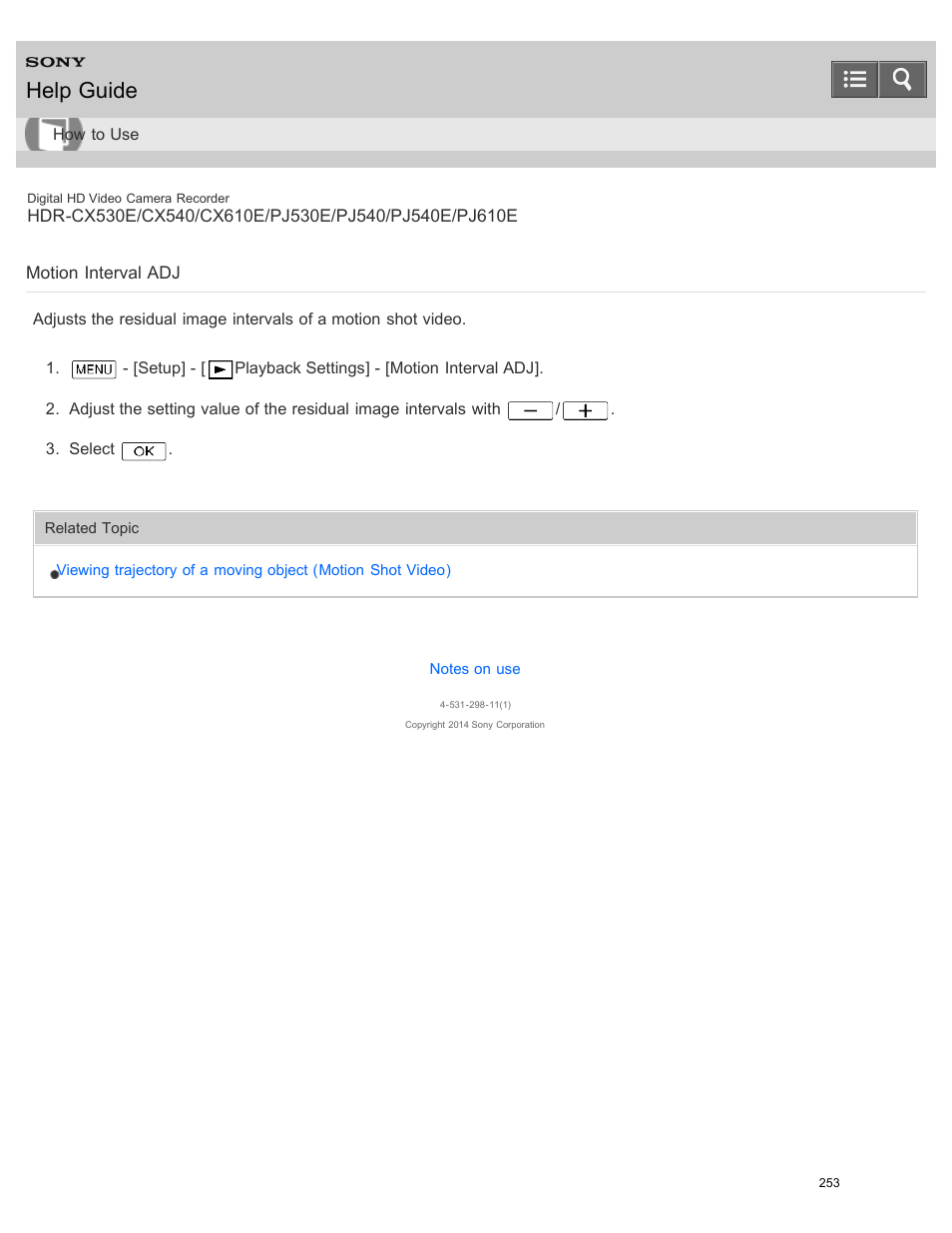 Motion interval adj, Help guide | Sony HDR-PJ540 User Manual | Page 264 / 394