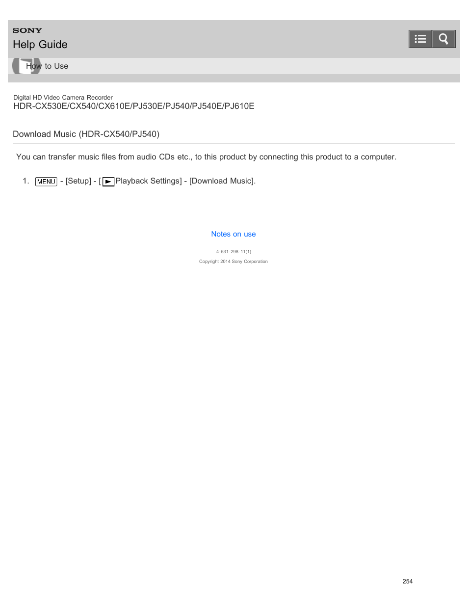 Download music (hdr-cx540/pj540), Help guide | Sony HDR-PJ540 User Manual | Page 265 / 394