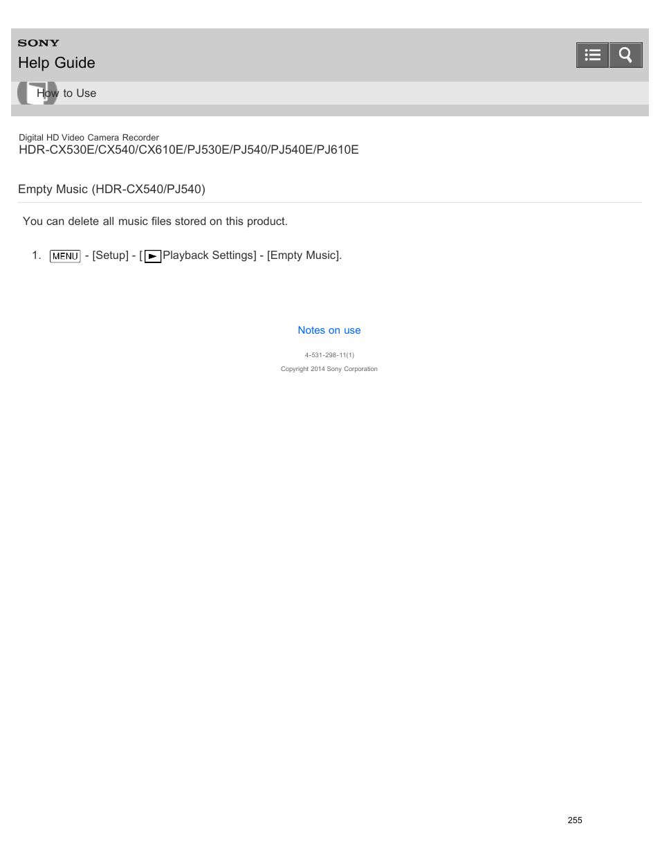 Empty music (hdr-cx540/pj540), Help guide | Sony HDR-PJ540 User Manual | Page 266 / 394