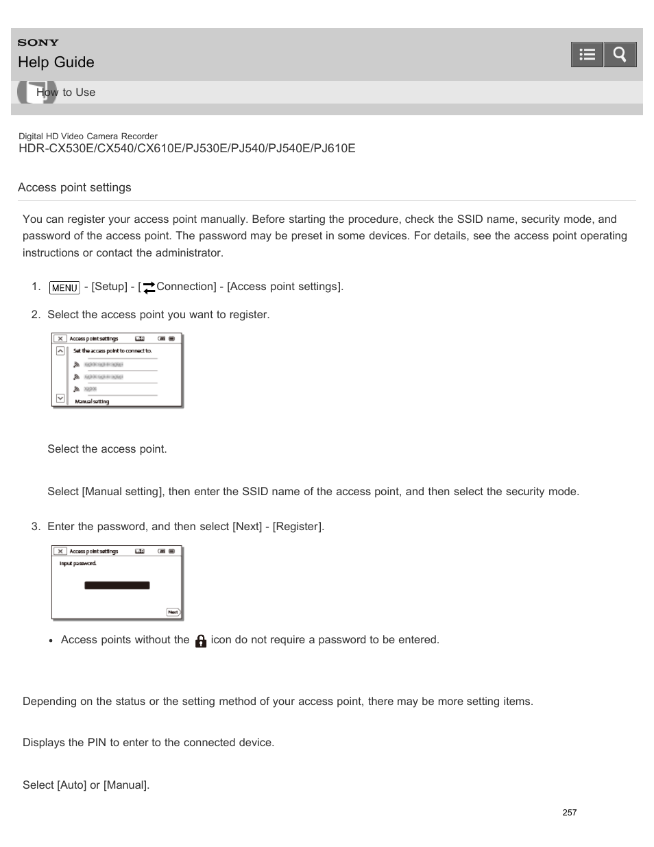 Access point settings, You can register your access point manually, Help guide | Sony HDR-PJ540 User Manual | Page 268 / 394