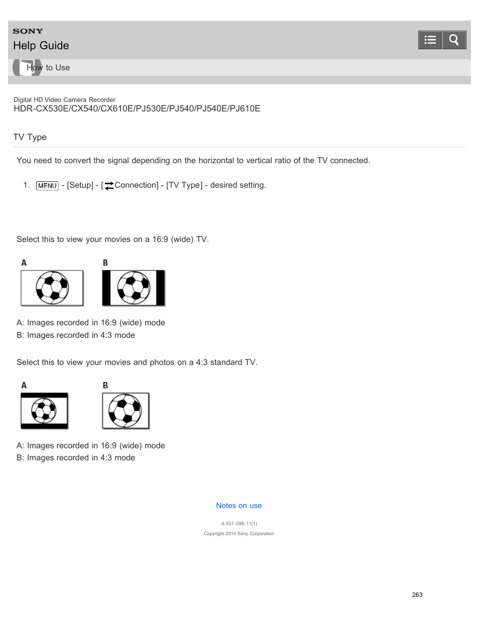 Tv type, Help guide | Sony HDR-PJ540 User Manual | Page 274 / 394