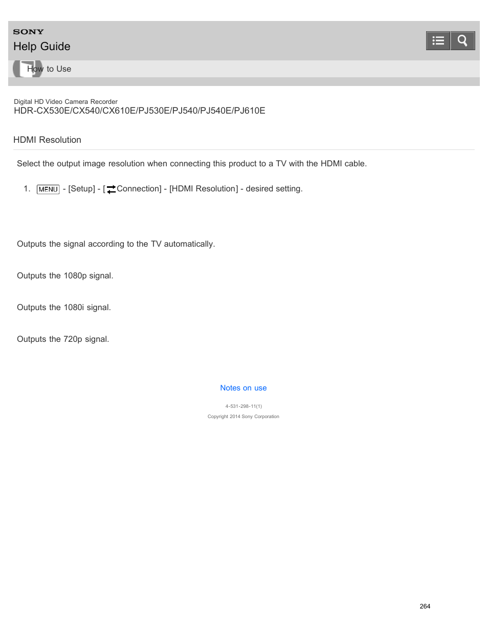Hdmi resolution, Help guide | Sony HDR-PJ540 User Manual | Page 275 / 394