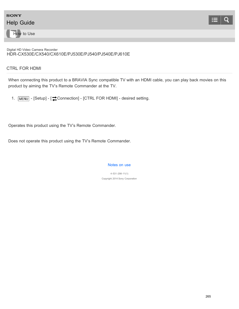 Ctrl for hdmi, Help guide | Sony HDR-PJ540 User Manual | Page 276 / 394