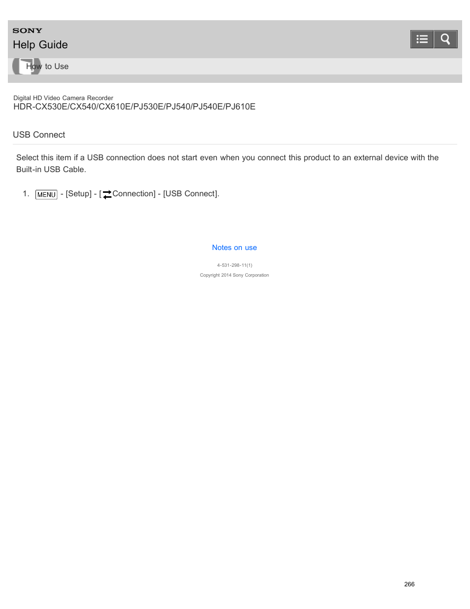 Usb connect, Help guide | Sony HDR-PJ540 User Manual | Page 277 / 394