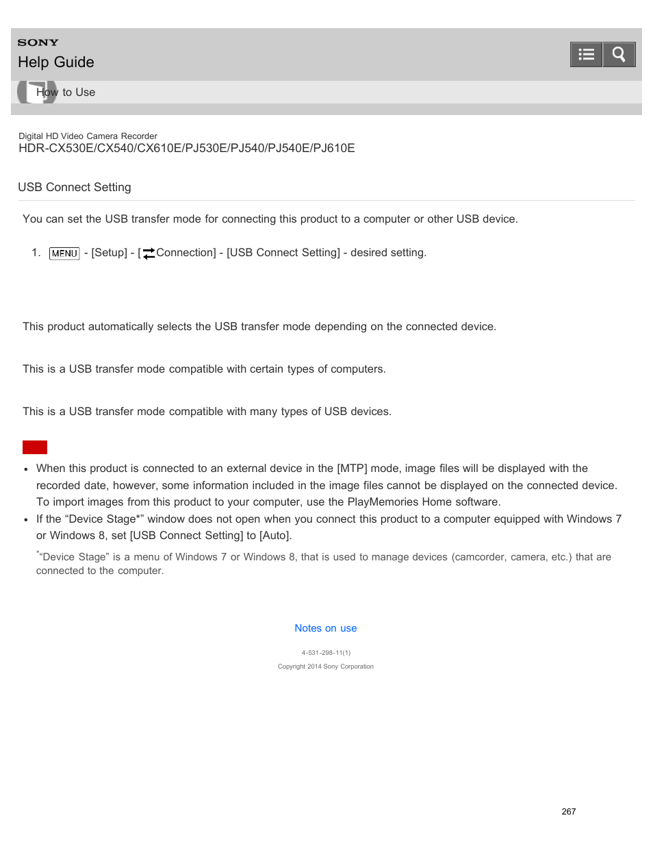Usb connect setting, Help guide | Sony HDR-PJ540 User Manual | Page 278 / 394