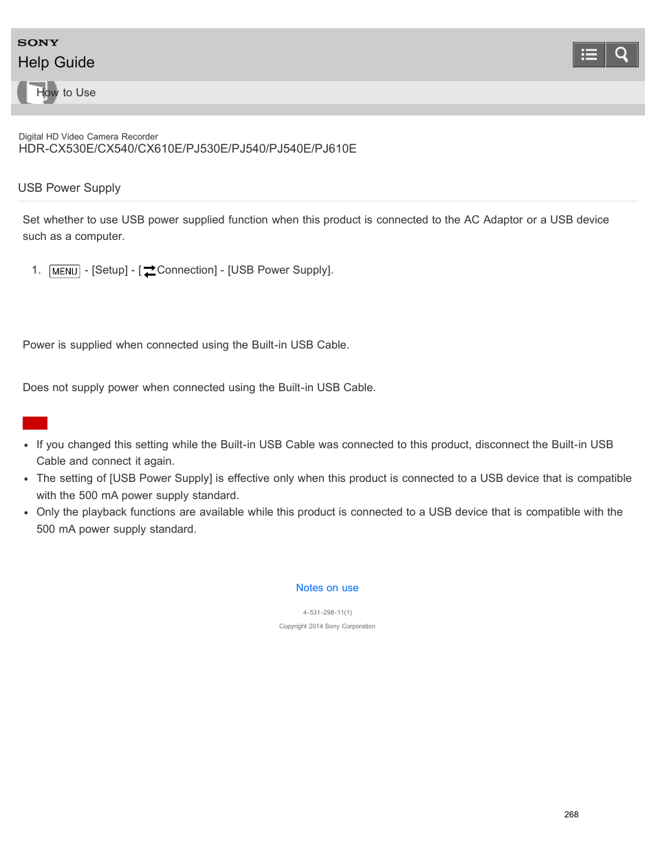 Usb power supply, Computer, Help guide | Sony HDR-PJ540 User Manual | Page 279 / 394