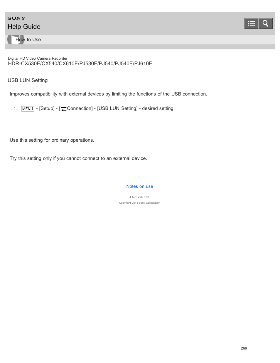 Usb lun setting, Help guide | Sony HDR-PJ540 User Manual | Page 280 / 394