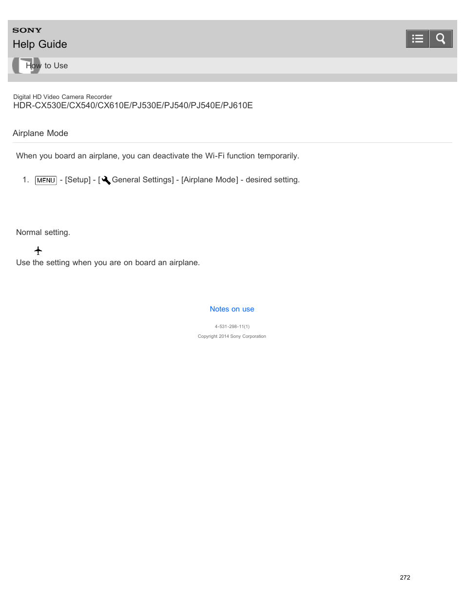 Airplane mode, Help guide | Sony HDR-PJ540 User Manual | Page 283 / 394