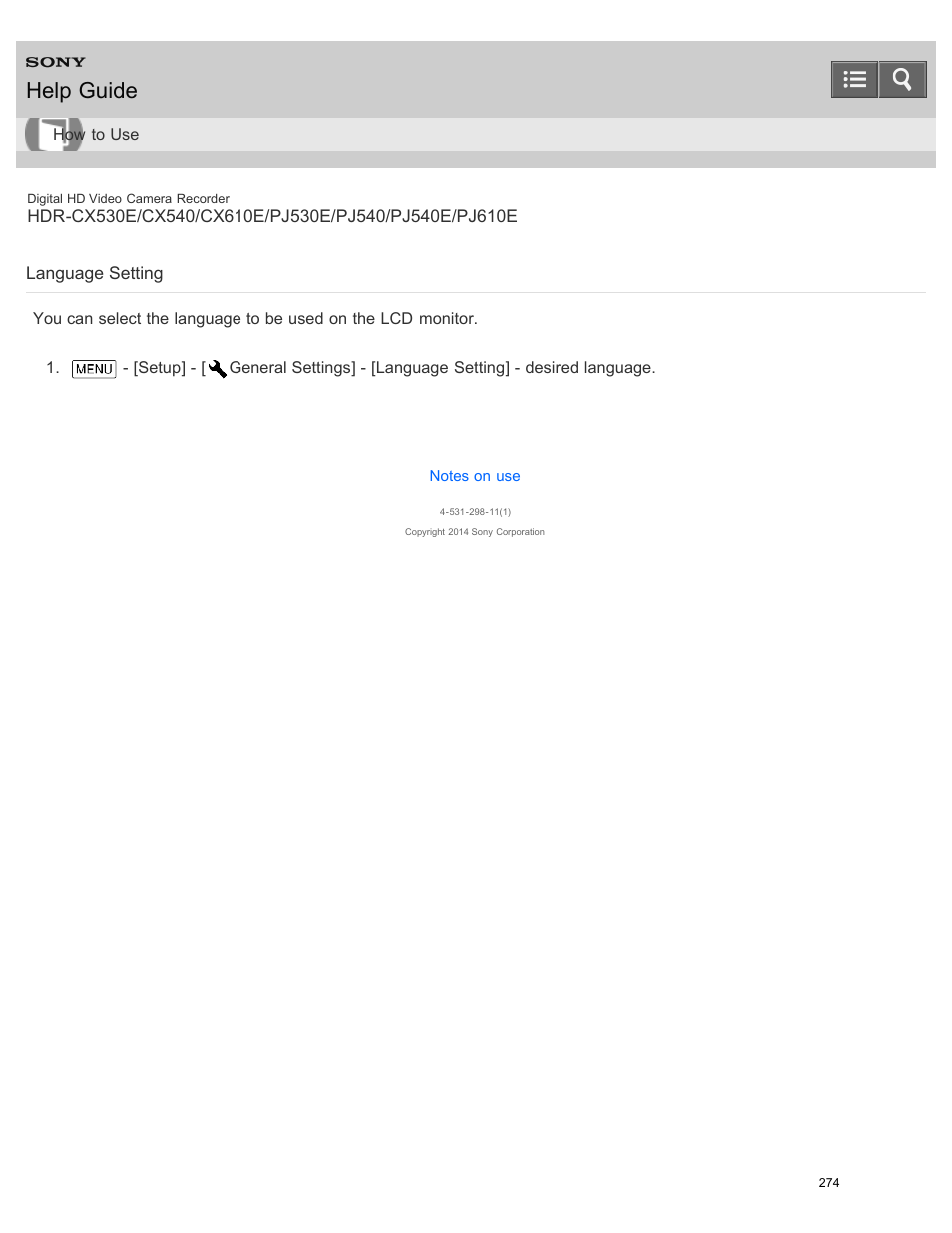 Language setting, Help guide | Sony HDR-PJ540 User Manual | Page 285 / 394