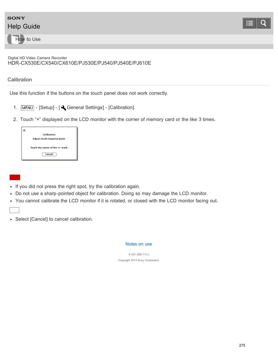 Calibration, Help guide | Sony HDR-PJ540 User Manual | Page 286 / 394