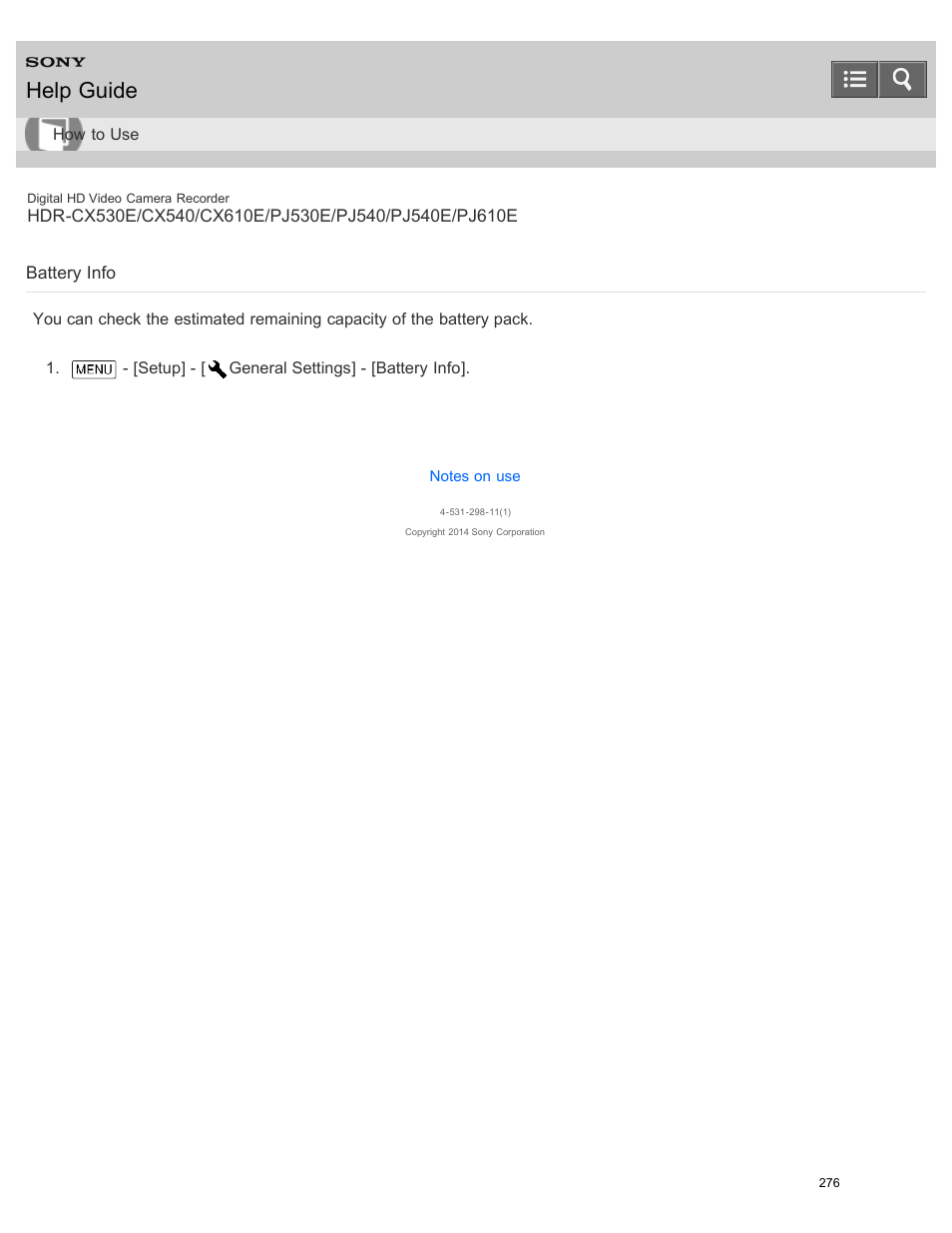 Battery info, Help guide | Sony HDR-PJ540 User Manual | Page 287 / 394