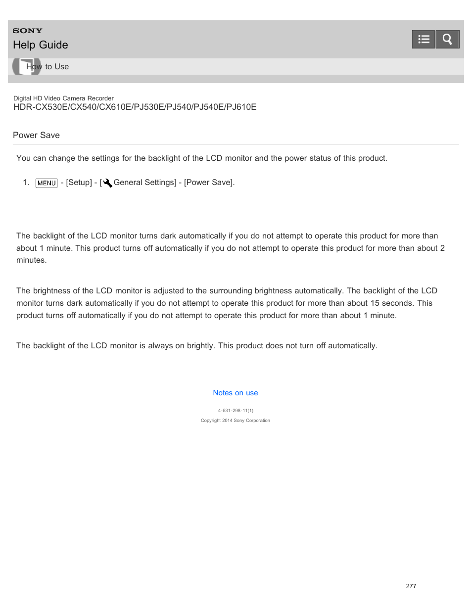 Power save, Help guide | Sony HDR-PJ540 User Manual | Page 288 / 394