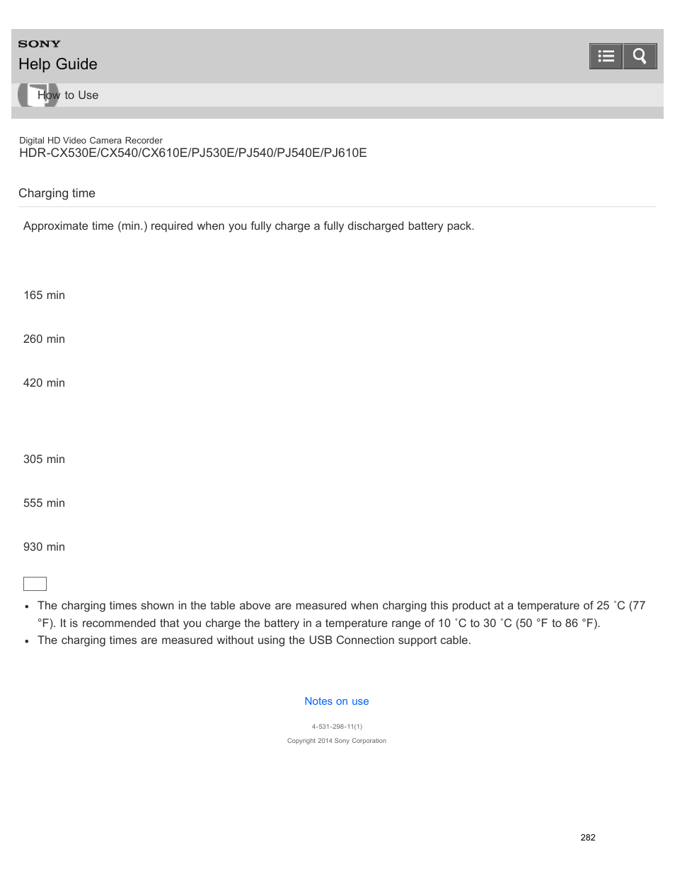 Charging time, Help guide | Sony HDR-PJ540 User Manual | Page 293 / 394