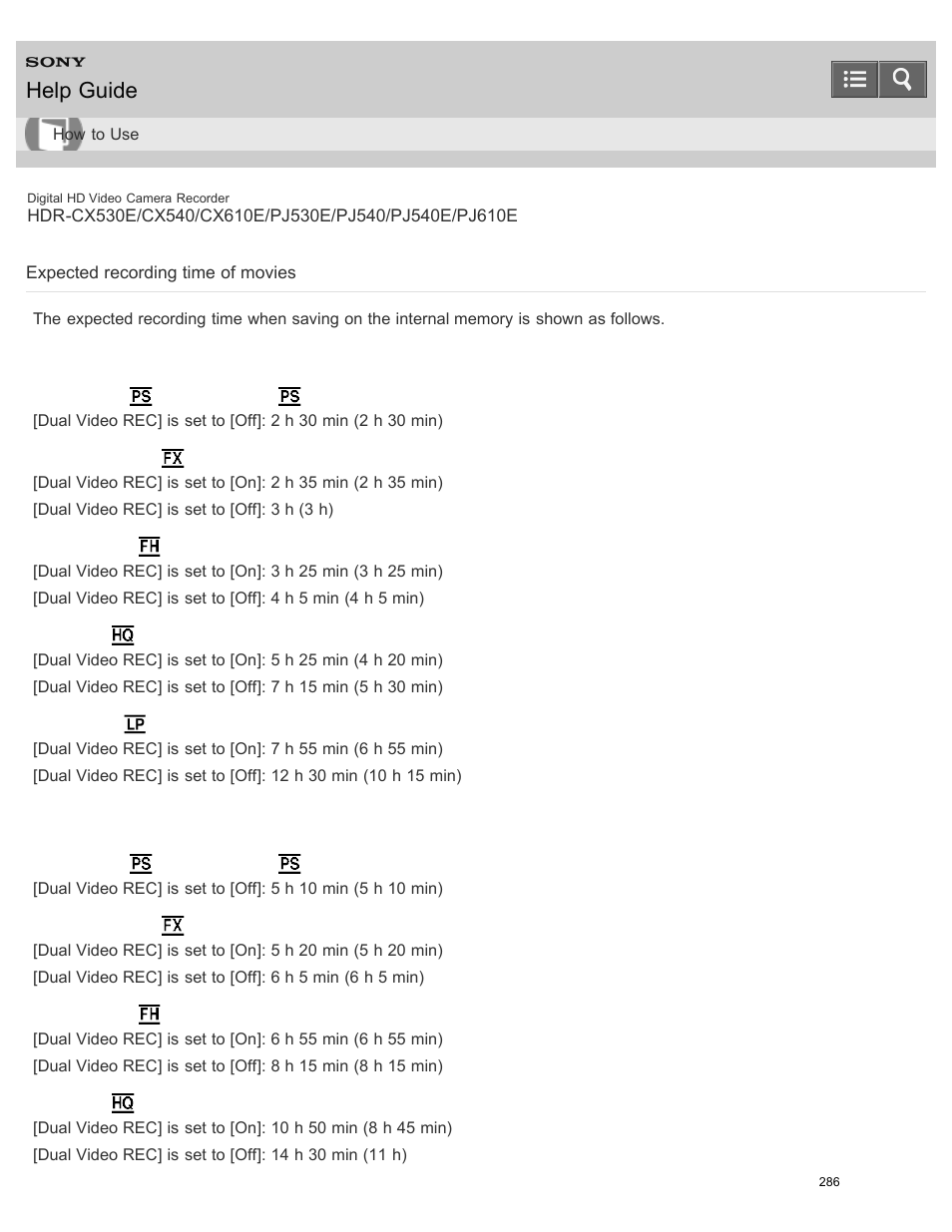 Expected recording time of movies, Help guide | Sony HDR-PJ540 User Manual | Page 297 / 394